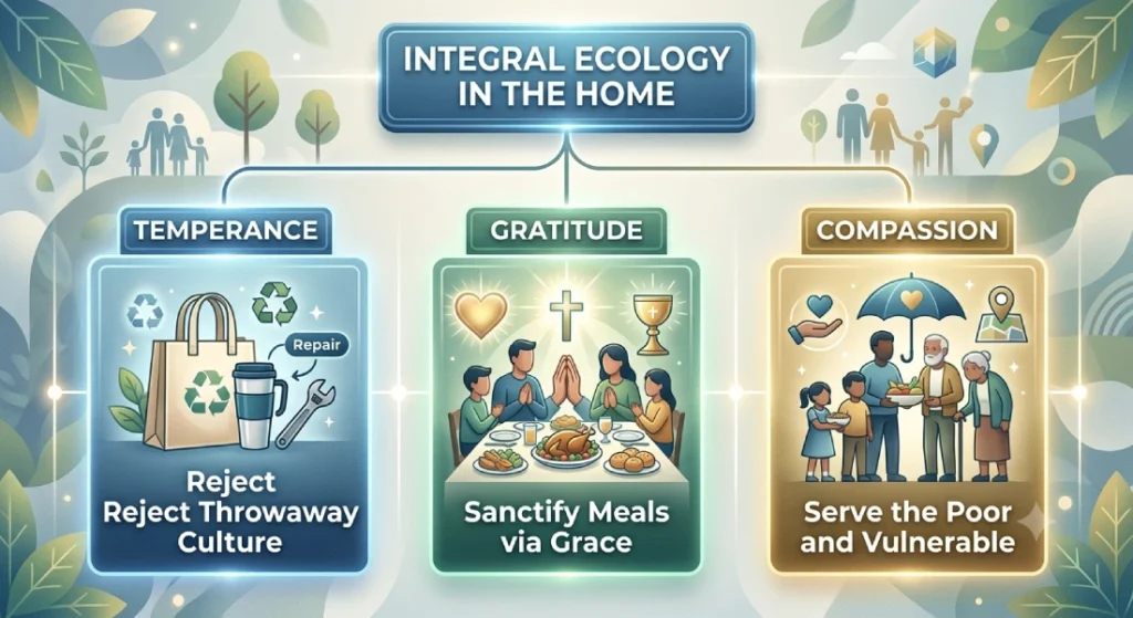 Infographic titled Integral Ecology in the Home by Prayer Warrior USA showing three pillars: Temperance, Gratitude, and Compassion.