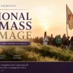 Catholic pilgrims carrying crosses and banners walk through fields at sunrise during a Traditional Latin Mass pilgrimage, symbolizing faith, prayer, and sacred tradition.