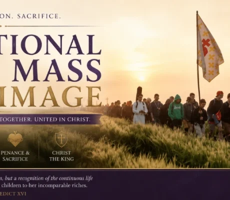 Catholic pilgrims carrying crosses and banners walk through fields at sunrise during a Traditional Latin Mass pilgrimage, symbolizing faith, prayer, and sacred tradition.
