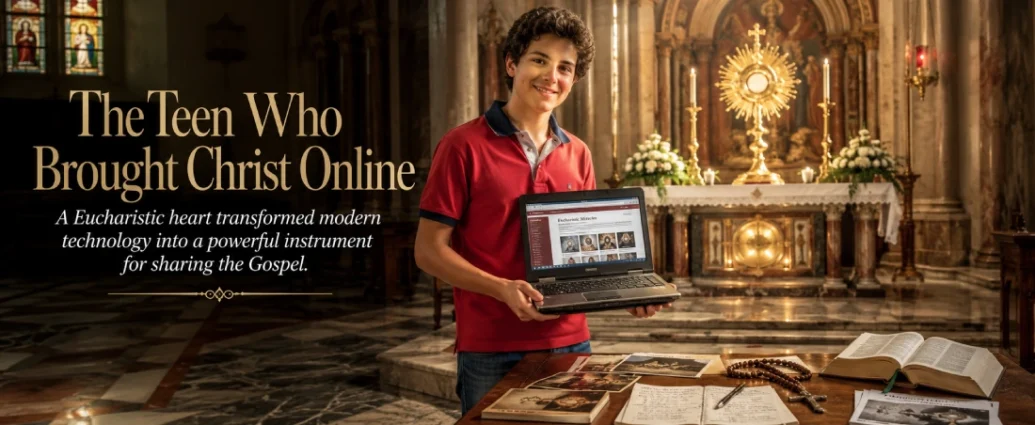 Blessed Carlo Acutis stands in a Eucharistic chapel holding a laptop before the Blessed Sacrament, illustrating Carlo Acutis patron saint.