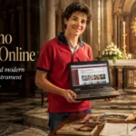 Blessed Carlo Acutis stands in a Eucharistic chapel holding a laptop before the Blessed Sacrament, illustrating Carlo Acutis patron saint.