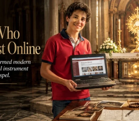 Blessed Carlo Acutis stands in a Eucharistic chapel holding a laptop before the Blessed Sacrament, illustrating Carlo Acutis patron saint.
