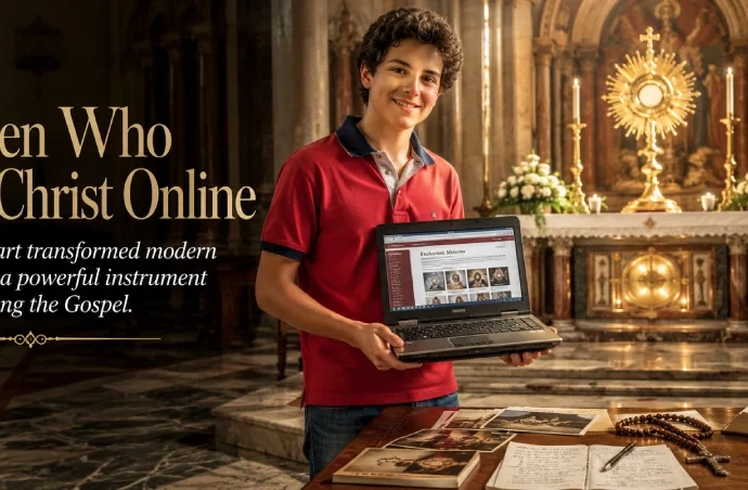 Blessed Carlo Acutis stands in a Eucharistic chapel holding a laptop before the Blessed Sacrament, illustrating Carlo Acutis patron saint.