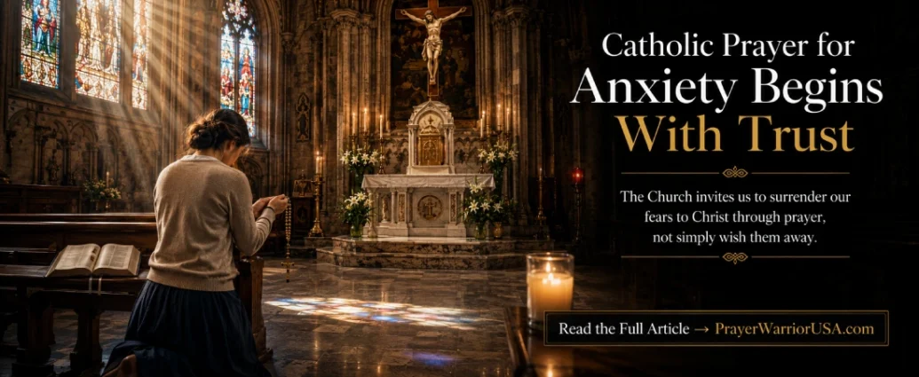 A Catholic praying before the tabernacle in a historic church with a Rosary, illustrating Catholic prayer for anxiety through trust in God.