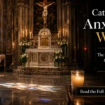 A Catholic praying before the tabernacle in a historic church with a Rosary, illustrating Catholic prayer for anxiety through trust in God.