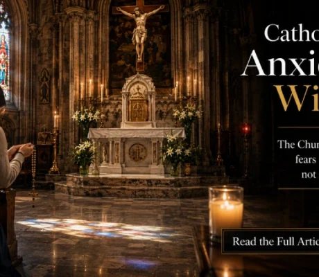 A Catholic praying before the tabernacle in a historic church with a Rosary, illustrating Catholic prayer for anxiety through trust in God.