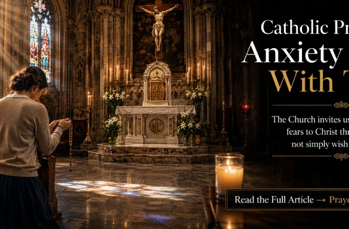 A Catholic praying before the tabernacle in a historic church with a Rosary, illustrating Catholic prayer for anxiety through trust in God.