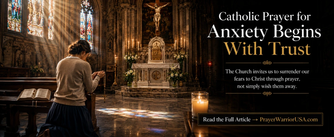 A Catholic praying before the tabernacle in a historic church with a Rosary, illustrating Catholic prayer for anxiety through trust in God.