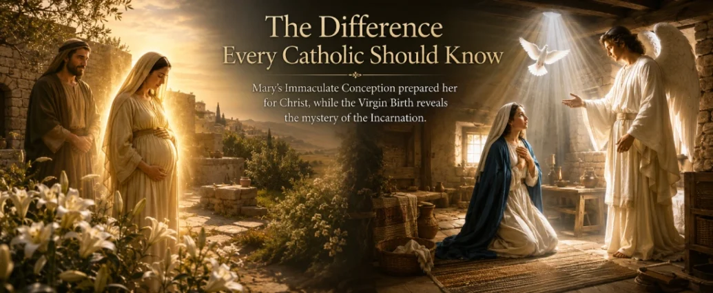 Historically accurate split-scene illustrating the immaculate conception vs virgin birth, with Saint Anne, the Virgin Mary, and the Annunciation in first-century Judea.