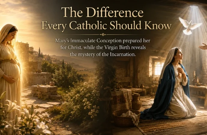 Historically accurate split-scene illustrating the immaculate conception vs virgin birth, with Saint Anne, the Virgin Mary, and the Annunciation in first-century Judea.