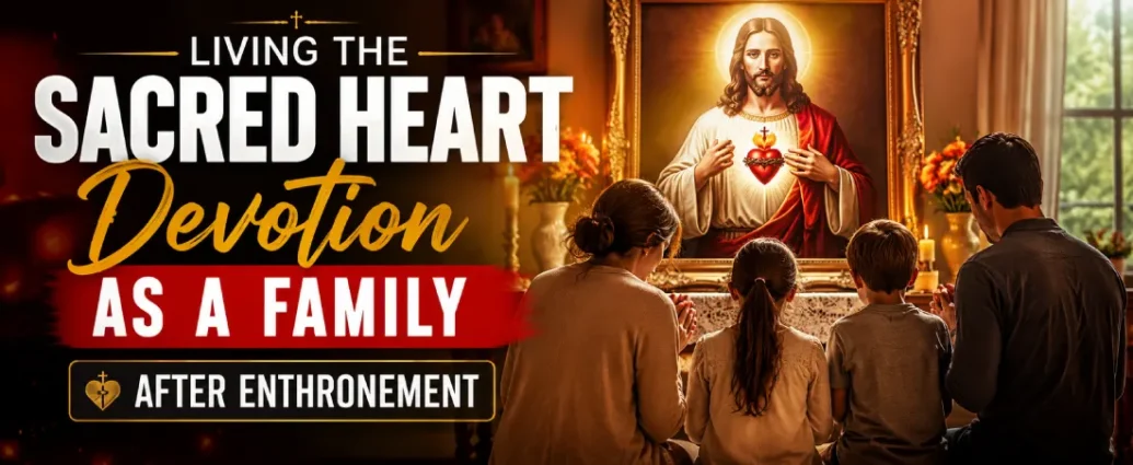 atholic family praying before an enthroned image of the Sacred Heart of Jesus in their home, symbolizing living Sacred Heart devotion after enthronement.