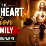 atholic family praying before an enthroned image of the Sacred Heart of Jesus in their home, symbolizing living Sacred Heart devotion after enthronement.