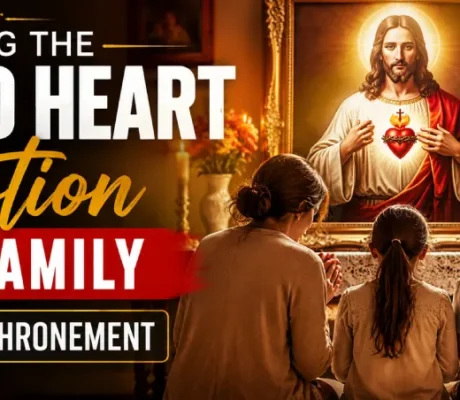 atholic family praying before an enthroned image of the Sacred Heart of Jesus in their home, symbolizing living Sacred Heart devotion after enthronement.