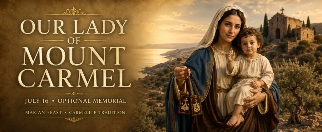 Traditional image of Our Lady of Mount Carmel holding the Infant Jesus and the Brown Scapular, symbolizing Carmelite devotion and the July 16 feast.