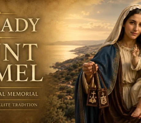 Traditional image of Our Lady of Mount Carmel holding the Infant Jesus and the Brown Scapular, symbolizing Carmelite devotion and the July 16 feast.