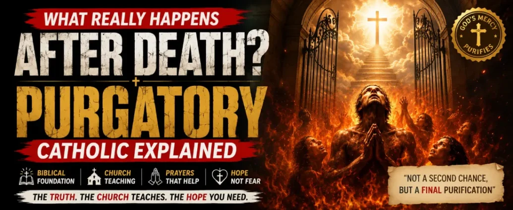 What Really Happens After Death? Catholic explanation of Purgatory showing souls in final purification beneath the light of Heaven according to Catholic teaching.