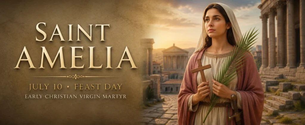 Saint Amelia, early Christian virgin martyr, holding a palm branch and wooden cross in a Roman city at sunrise, with July 10 Feast Day title.