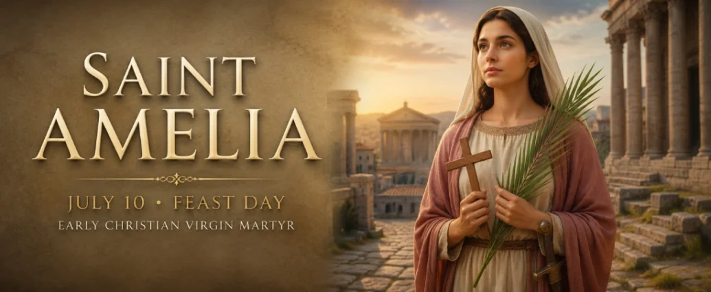 Saint Amelia, early Christian virgin martyr, holding a palm branch and wooden cross in a Roman city at sunrise, with July 10 Feast Day title.