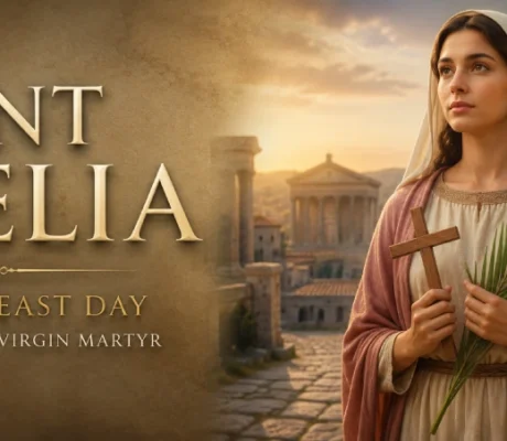 Saint Amelia, early Christian virgin martyr, holding a palm branch and wooden cross in a Roman city at sunrise, with July 10 Feast Day title.