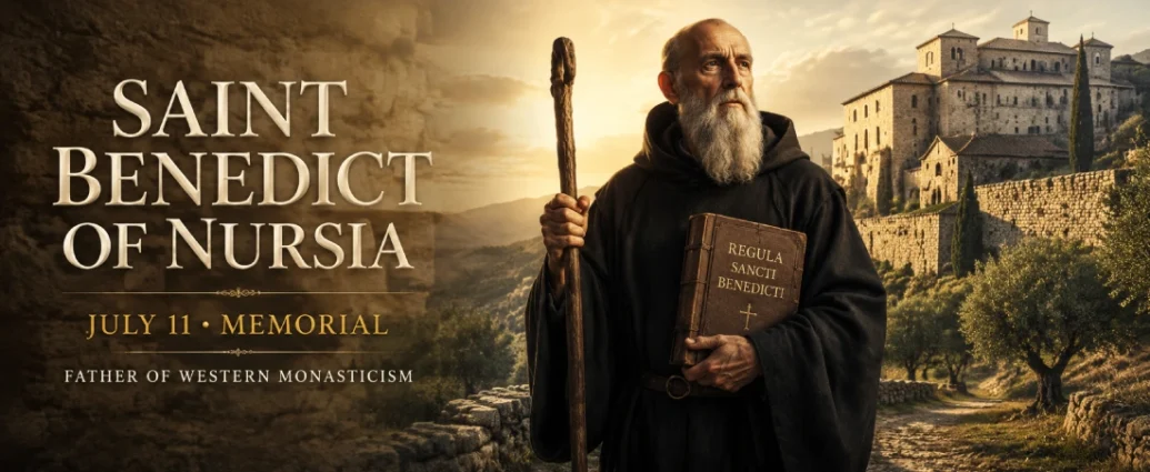 Saint Benedict of Nursia holding the Rule of Saint Benedict outside Monte Cassino Abbey on his July 11 feast day, founder of Western monasticism.