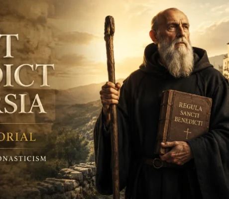 Saint Benedict of Nursia holding the Rule of Saint Benedict outside Monte Cassino Abbey on his July 11 feast day, founder of Western monasticism.