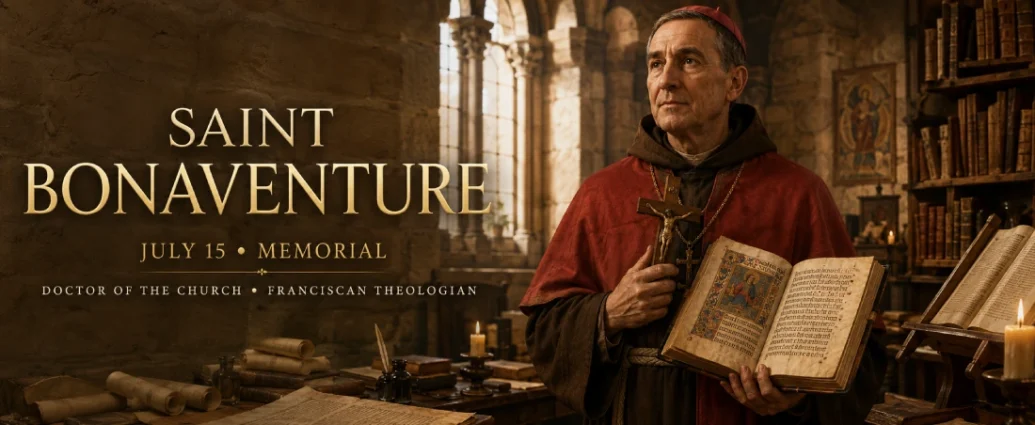 Saint Bonaventure wearing a Franciscan habit and cardinal's robes while holding a theological book and crucifix.