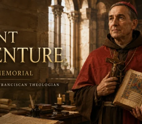 Saint Bonaventure wearing a Franciscan habit and cardinal's robes while holding a theological book and crucifix.