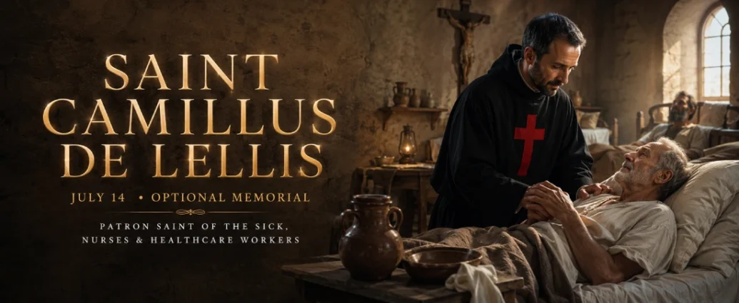 Saint Camillus de Lellis wearing a black religious habit with a red cross while caring for a sick patient in a hospital.