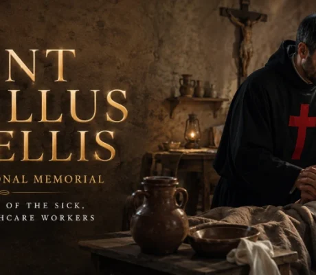 Saint Camillus de Lellis wearing a black religious habit with a red cross while caring for a sick patient in a hospital.