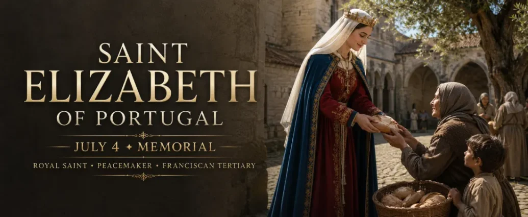 Saint Elizabeth of Portugal, the Peacemaker Queen, distributes bread to a poor widow and child outside the Monastery of Santa Clara in Coimbra, reflecting her lifelong charity and compassion.