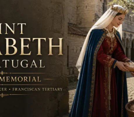 Saint Elizabeth of Portugal, the Peacemaker Queen, distributes bread to a poor widow and child outside the Monastery of Santa Clara in Coimbra, reflecting her lifelong charity and compassion.