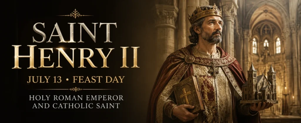 Saint Henry II depicted as a medieval Catholic emperor holding symbols of Christian leadership and devotion