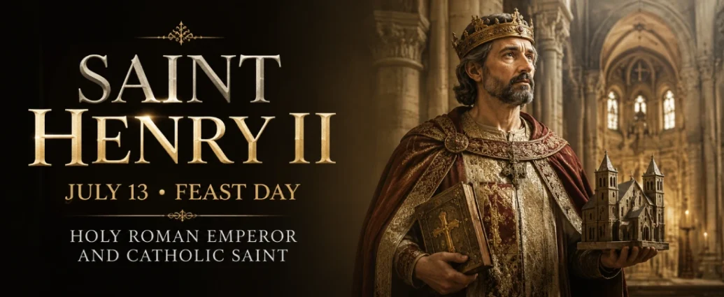 Saint Henry II depicted as a medieval Catholic emperor holding symbols of Christian leadership and devotion