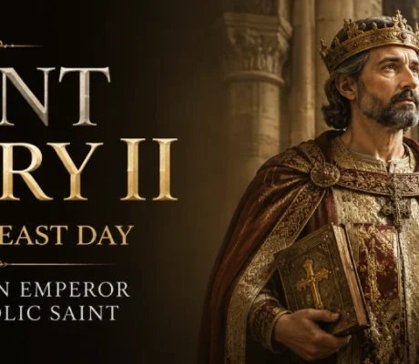 Saint Henry II depicted as a medieval Catholic emperor holding symbols of Christian leadership and devotion