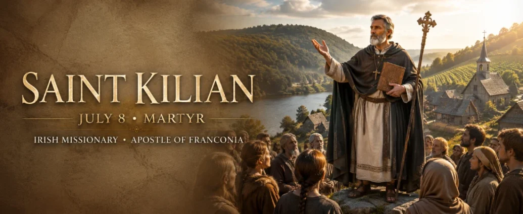 Saint Kilian, the seventh-century Irish missionary bishop and martyr, preaching the Gospel to Frankish villagers near Würzburg in Franconia, with the Main River, vineyards, and early medieval settlement in the background.