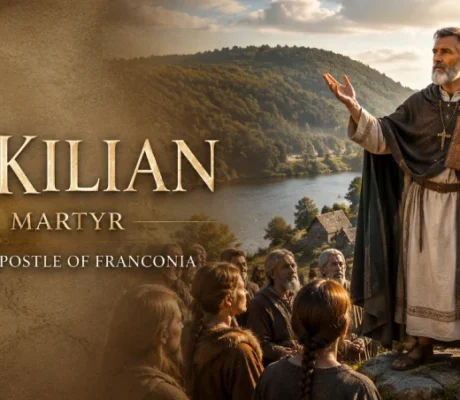 Saint Kilian, the seventh-century Irish missionary bishop and martyr, preaching the Gospel to Frankish villagers near Würzburg in Franconia, with the Main River, vineyards, and early medieval settlement in the background.