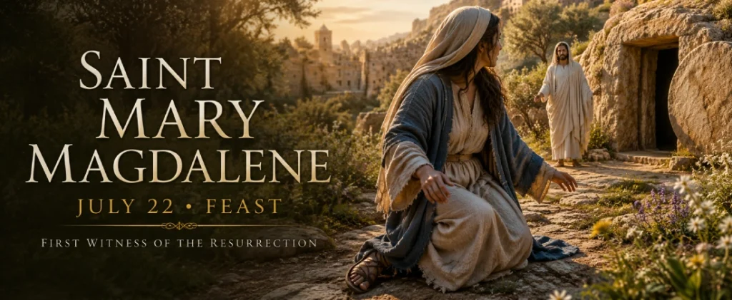 Saint Mary Magdalene standing near the empty tomb after witnessing the Resurrection of Jesus Christ.