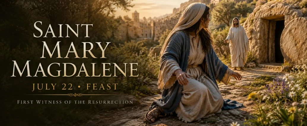 Saint Mary Magdalene standing near the empty tomb after witnessing the Resurrection of Jesus Christ.