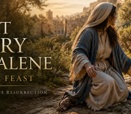 Saint Mary Magdalene standing near the empty tomb after witnessing the Resurrection of Jesus Christ.