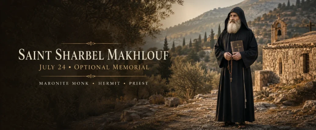 Saint Sharbel Makhlouf wearing the traditional Maronite monastic habit while praying in his hermitage in Lebanon.