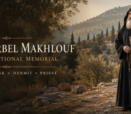 Saint Sharbel Makhlouf wearing the traditional Maronite monastic habit while praying in his hermitage in Lebanon.