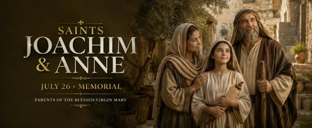 Saints Joachim and Anne with the young Virgin Mary in a first-century Judean setting, honoring their feast day on July 26.