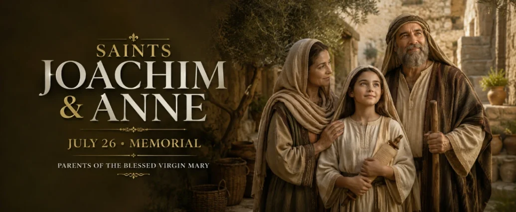 Saints Joachim and Anne with the young Virgin Mary in a first-century Judean setting, honoring their feast day on July 26.