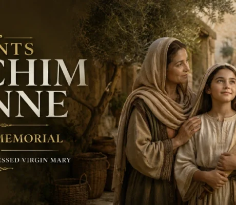 Saints Joachim and Anne with the young Virgin Mary in a first-century Judean setting, honoring their feast day on July 26.