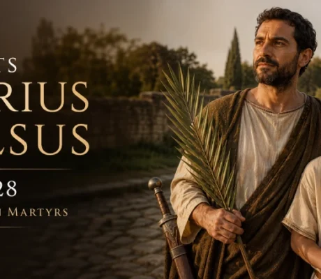 Saints Nazarius and Celsus in historically accurate Roman clothing holding palm branches, commemorating their feast on July 28.