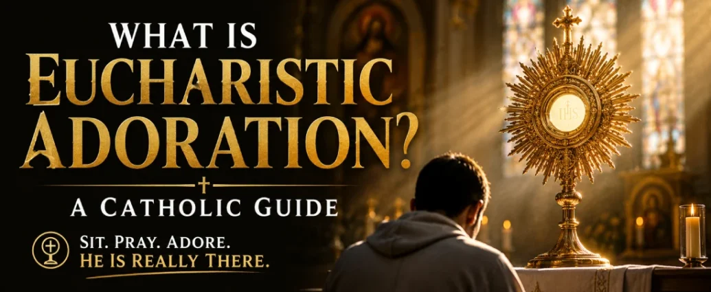Catholic faithful kneeling before the Blessed Sacrament in a golden monstrance during Eucharistic Adoration inside a beautiful church, illustrating the Real Presence of Jesus Christ in the Eucharist.