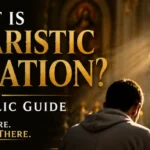 Catholic faithful kneeling before the Blessed Sacrament in a golden monstrance during Eucharistic Adoration inside a beautiful church, illustrating the Real Presence of Jesus Christ in the Eucharist.