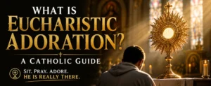 Catholic faithful kneeling before the Blessed Sacrament in a golden monstrance during Eucharistic Adoration inside a beautiful church, illustrating the Real Presence of Jesus Christ in the Eucharist.