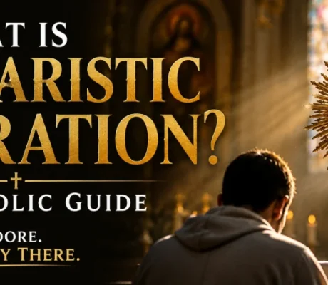 Catholic faithful kneeling before the Blessed Sacrament in a golden monstrance during Eucharistic Adoration inside a beautiful church, illustrating the Real Presence of Jesus Christ in the Eucharist.