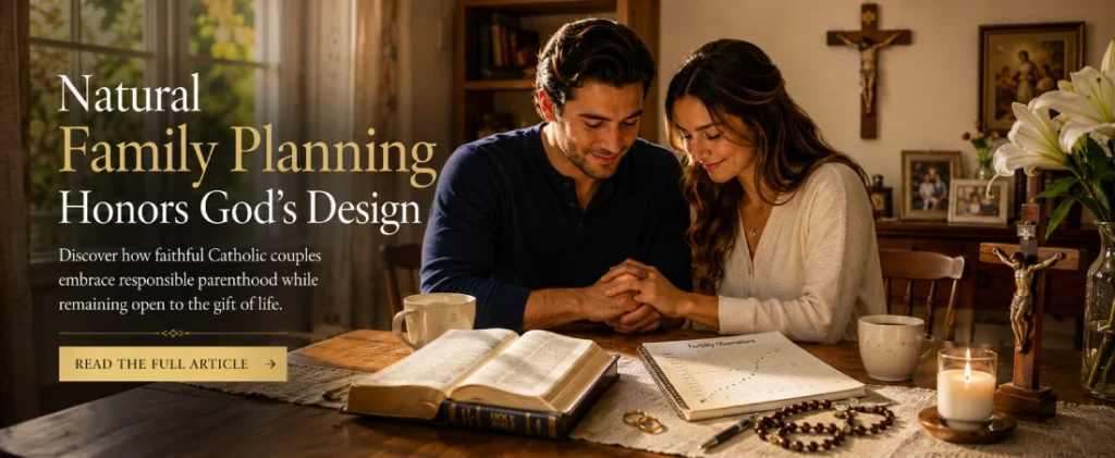 A Catholic married couple prays beside an open Bible, rosary, and fertility journal, illustrating Natural Family Planning Catholic teaching in a peaceful family home.